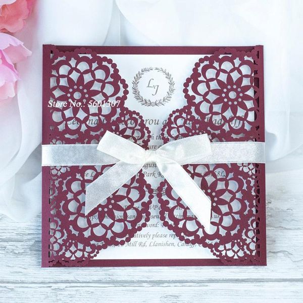 

50pieces/lot burgundy floral personalized print wedding invitations with ribbon and envelope diy greeting cards for anniversary