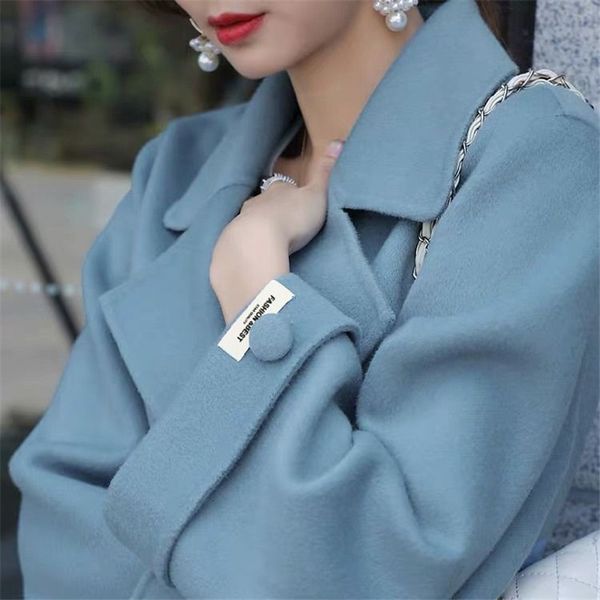 

female blended woolen 2021 autumn new long high-end winter with belt hepburn woollen style blue jacket 575 nond, Black