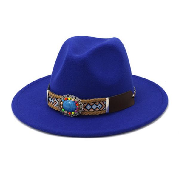 

2021 new fedora women western cowboy jazz caps felt band belt solid color wide brim panama derby luxury vintage casual men hats v6vc, Blue;gray