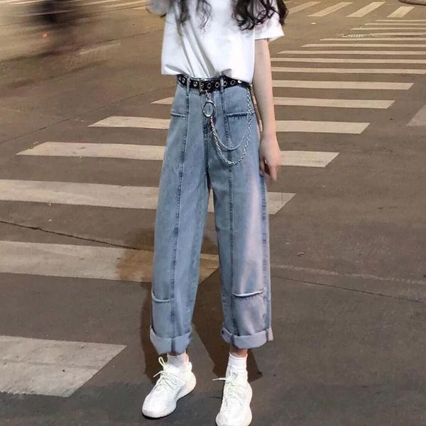 

women's pants & capris japan kawaii summer jeans women loose high waist street womens jean korean style solid gothic streetwear females, Black;white