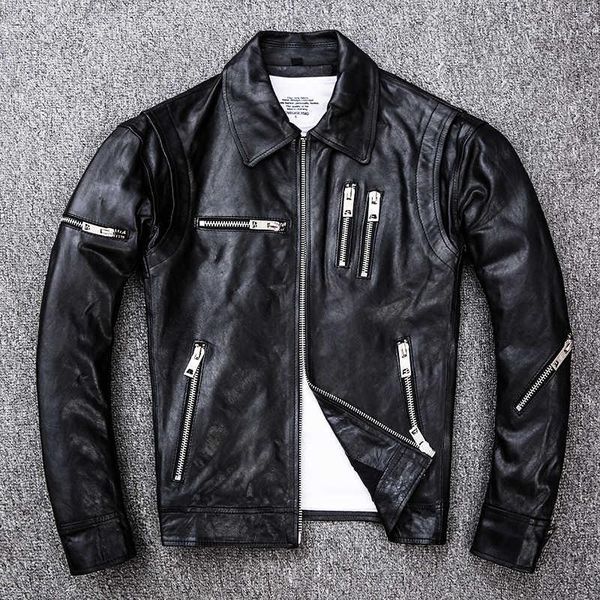 

men's leather & faux 2021 fashion vegetable tanned sheepskin genuine jacket men black zipper slim fit motorcycle coat male