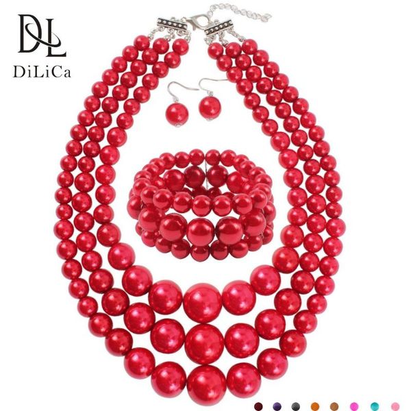 

earrings & necklace dilica fashion imitation pearl jewelry sets for women layered big beads statement choker bracelets set, Silver