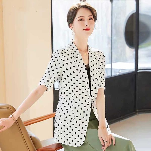 

white polka dot printed small suit women's middle sleeve thin temperament casual wild 210603, White;black