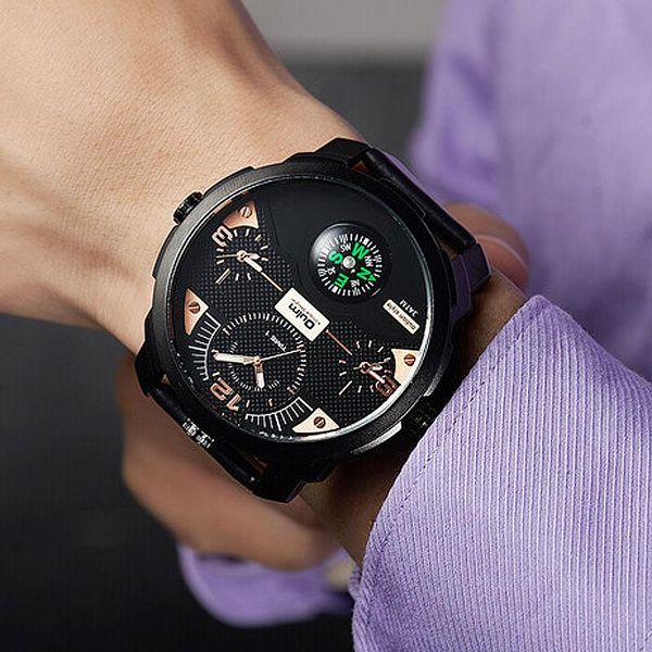 

wristwatches oulm watches fashion unique men 3 time zones large dial quartz watch military male relogios masculino, Slivery;brown