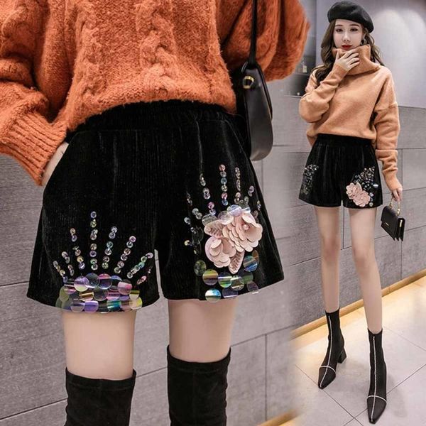 

women's shorts 2021 vintage autumn winter loose sequins beaded corduroy elastic waist wide-leg women fashion, White;black