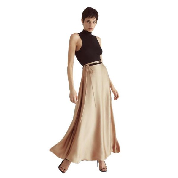

skirts women's cardigan bandage high waisted summer long skirt golden satin silk elegant ladies office 2colors, Black
