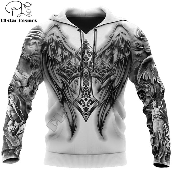 

drop shipping autumn hoodies jesus tattoo 3d printed mens sweatshirt streetwear pullover casual jacket tracksuits kj0176 201128, Black