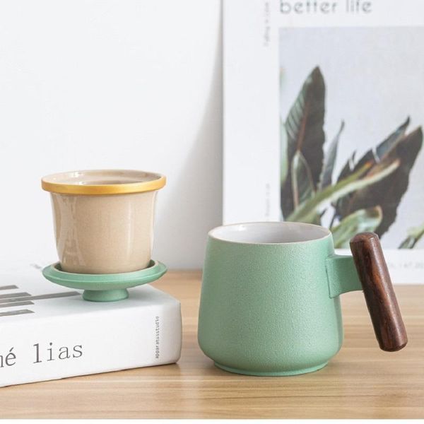 

Mugs Ceramic Mug, Wooden Handle With Cover Filter Tea Cup, Large Capacity Office Cup Three Sets