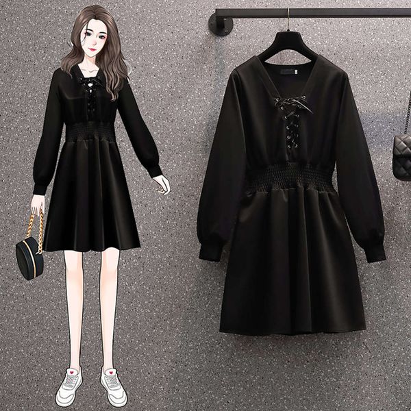 

2021 spring new large women's slightly fat mm waist slim french v-neck hepburn dress, Black;gray