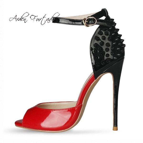 

sandals arden furtado 2021 summer fashion women's shoes poots rivet peep toe buckle stilettos heels large size 43, Black