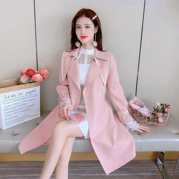 

women's trench coats autumn 2021 long-sleeved doll collar pink windbreaker mid-length fashionable temperament jacket, Tan;black
