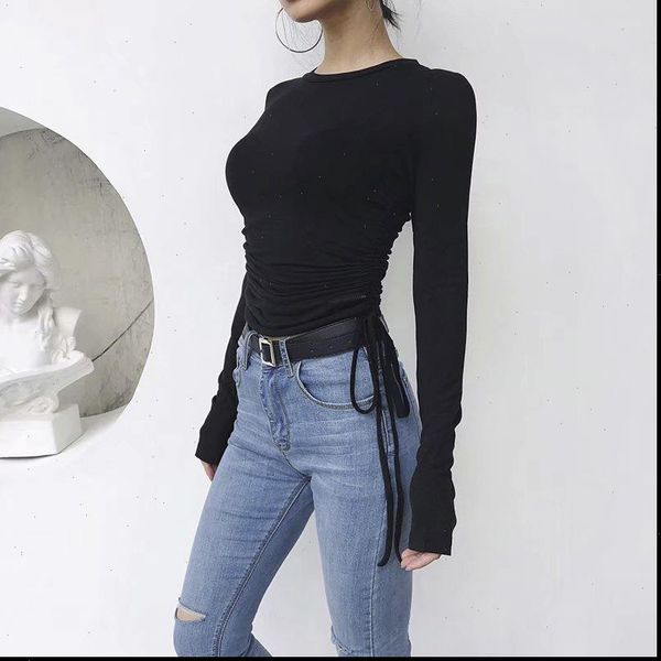 

2021 autumn solid slim ruched bandage pullovers for office lady o neck long sleeve basic knitted female, White;black