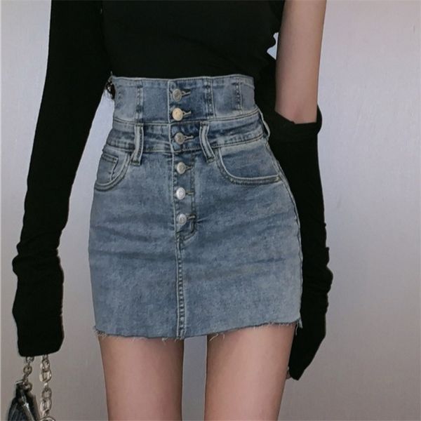 

denim skirt female design sense high waist short spring and autumn thin package hip wild a-line 210708, Black