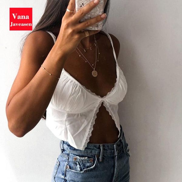 

women's tanks & camis casual solid stitching lace sling crop v collar backless split female pullover street sleeveless camisol, White