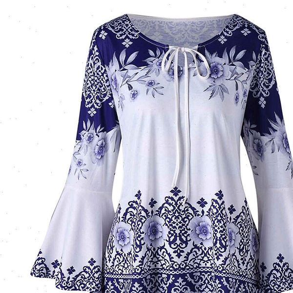 

vintage womens floral print blouse shirt plus size womens bandage long sleeve blouse casual ladies round neck, White