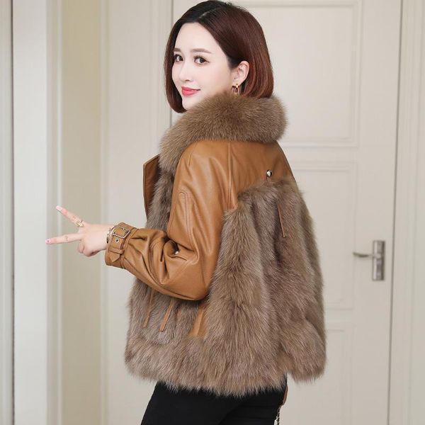

women's fur & faux winter coat women 2021 autumn jacket female fashion pu leather coats fluffy outerwear jackets a1424, Black
