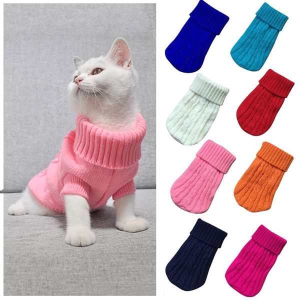 

cat costumes winter dog knitted sweater solid color turtleneck jumper classic small pullover clothes warm knitwear costume for kitten