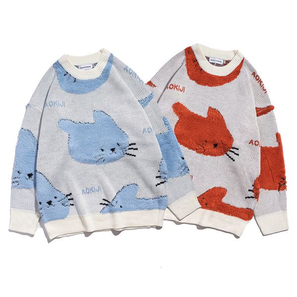 

men's sweaters and women's cathead printed knitted sweaters, long sleeved round neck blue black, autumn winter large sweaters, White;black