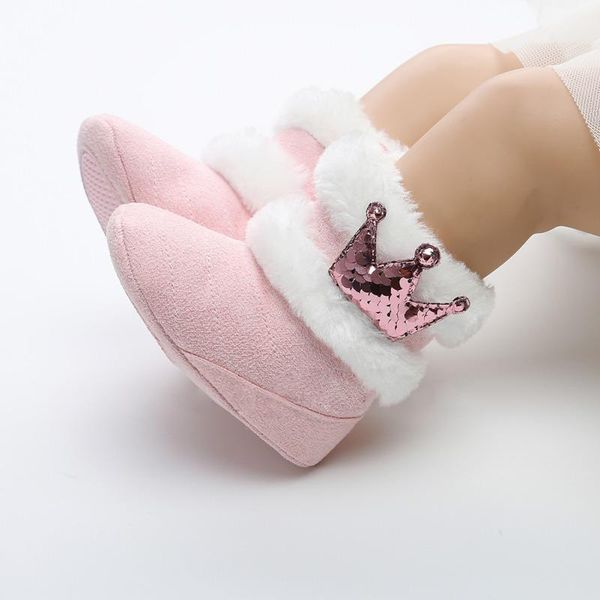 

newborn baby shoes winter warm baby boots crown fur slip-on furry infant warm prewalkers soft sole shoes for girls 0-18m new, Black;grey