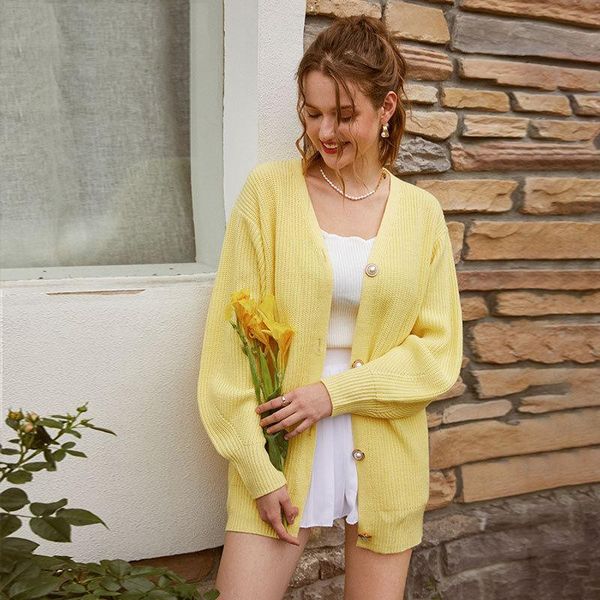 

women's knits & tees 2021 spring autumn knitting single-breasted loose cardigan solid casual elegant women sweater crop sweet, White