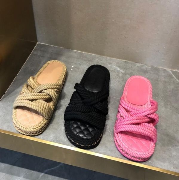 

2021 blade women's hemp rope woven metal chain sandal slipper designer fashion luxury elegant simple material flat shoes comfortable de, Black