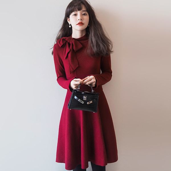 

casual dresses autumn dressed in vintage french women's mesh bow long sleeve bottomming elegant sweater at knee height casual dress 2a4, Black;gray