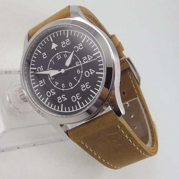 

42mm polished automatic men's watch black sterile dial japan miyota 8215 movement luminous leather strap, Slivery;brown