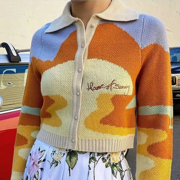 

2021 new vintage sunset print knitted cardigan women casual long sleeve crop autumn winter loose streetwear sweater coat gllg, White;black