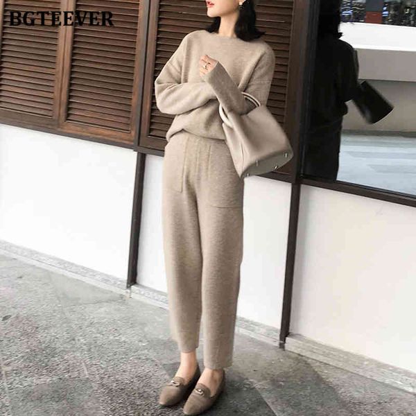 

women's two piece pants bgteever random winter thick sweater jumper-neck jumpers elastic waistband trousers women's knitted or cro, White