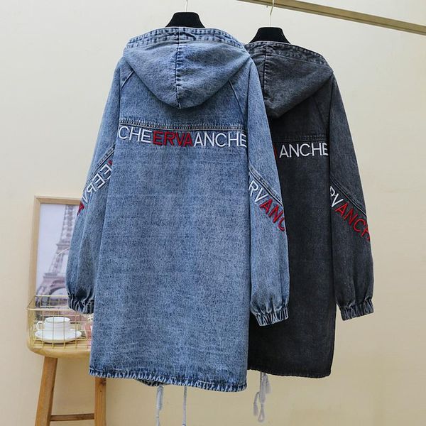 

women's jackets vintage loose long hooded denim jacket women embroidery jeans windbreaker plus size basic coats outerwear chaqueta muje, Black;brown