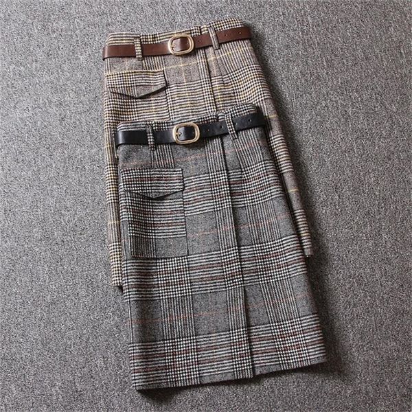 

autumn winter new korean woman woolen plaid skirt female mid-length high waist split a step bag hip midi skirt 210310, Black