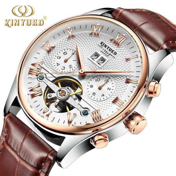 

watch kinyued jinyueda fully automatic hollow out leather mechanical men, Slivery;brown
