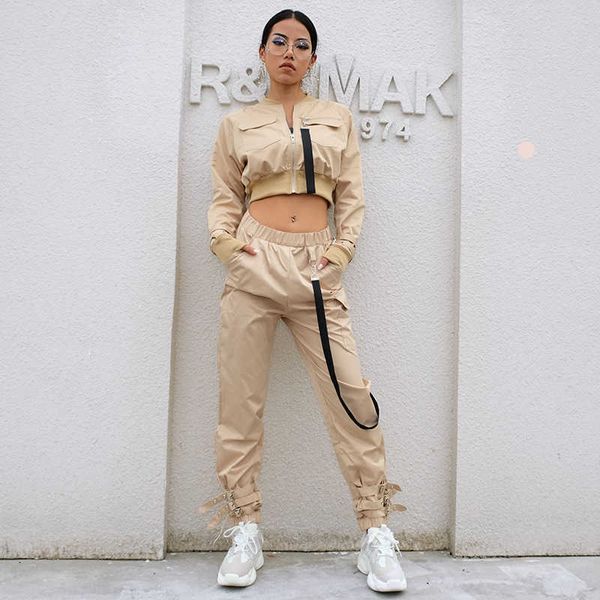 

khaki cargo pants and coat women pocket button hem buckle pencil pants streetwear high waist loose jogger pants femme women 210709, Black;white