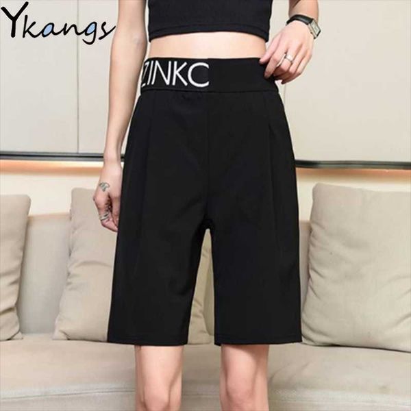 

women's shorts elastic waist letter printed straight summer thin high korean fashion wide-leg ladies sports, White;black