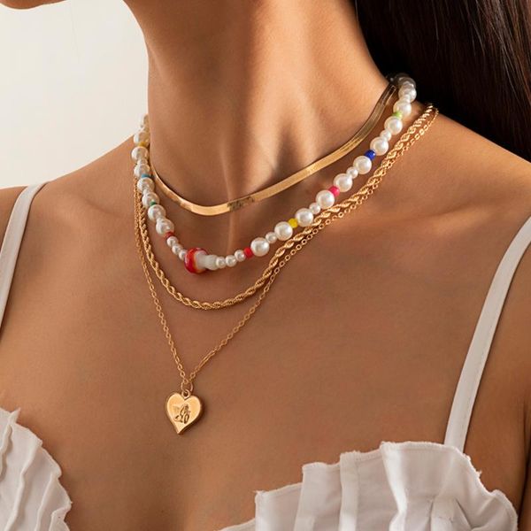 

pendant necklaces baroque harajuku style imitation pearl snake bone chain necklace simple peach heart tassel twist, Silver