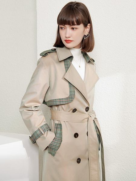 

women's trench coats 2021 arrival autumn coat women stitching plaid clothing outerwear double breasted long, Tan;black