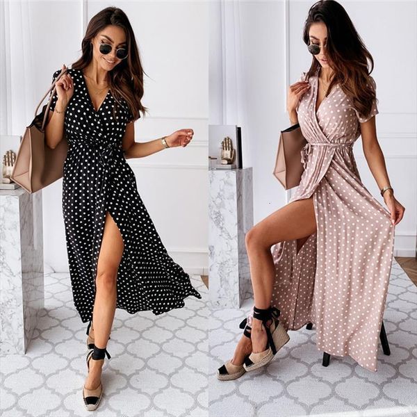

summer polka dot fashion womens dresses short sleeve v neck split long dress female boho beach maxi vestidos, Black;gray