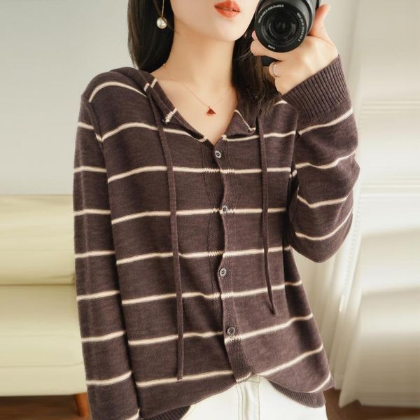

women's knits & tees hooded collar pure cotton sweater autumn winter cardigan bottoming shirt fashion striped knitted, White