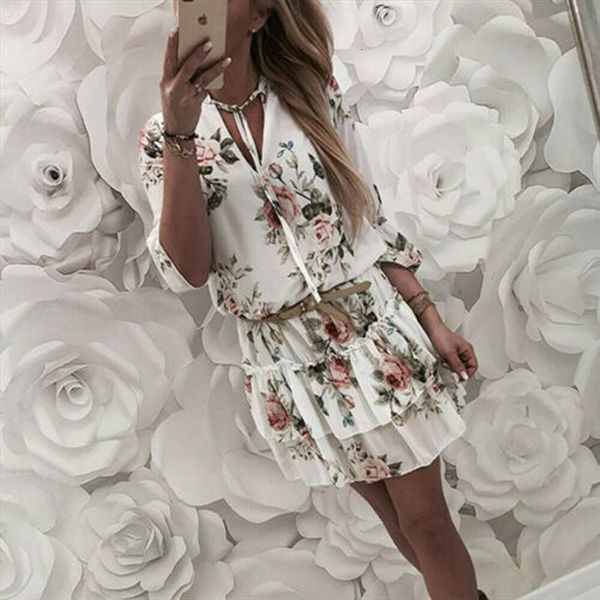

vintage wrap summer v neck women dresses boho floral print elegant ladies holiday beach mini sundress plus size ruffles clothing, Black;gray