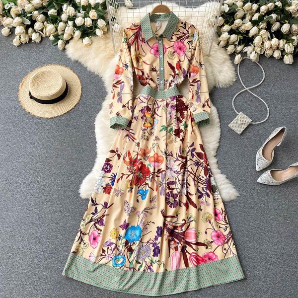 

casual dresses women's elegant spring autumn long sleeve shirt dress vintage printed office wear streetwear single breasted vestidos, Black;gray