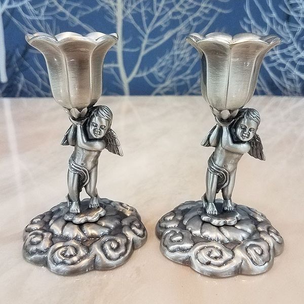 Metal Candlestick Clássico Vela Titular Jantar Decoração Anjo Vela Stand Decoração de Casamento Elimelim conjunto de 2 Y200109