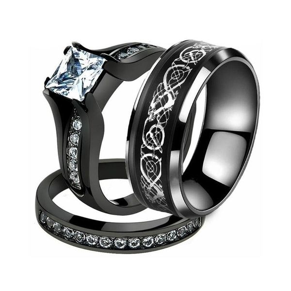 Anéis de casamento dela seu casal seu casal preto em anel de noivado em aço inoxidável