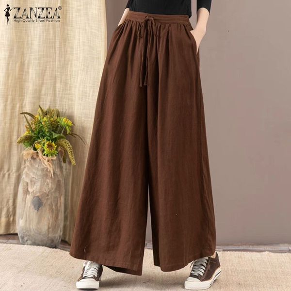 

2021 new zanzea spring women wide leg pants casual vintage high waist loose trousers solid pantalon streetwear cotton palazzo plus size 79aq, Black;white