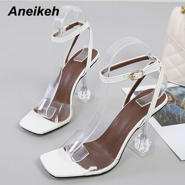 

aneikeh 2021new fashion shoes pvc sandals women spike heels open party solid buckle ankle strap buckle concise polka dot elegant, Black