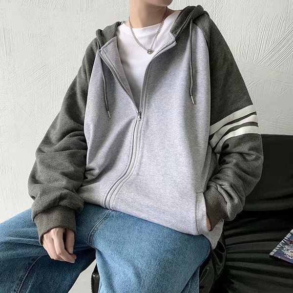 

men's jackets sweater cardigan hooded striped hong kong trend 2021 autumn and winter coat color matching jacket, Black;brown