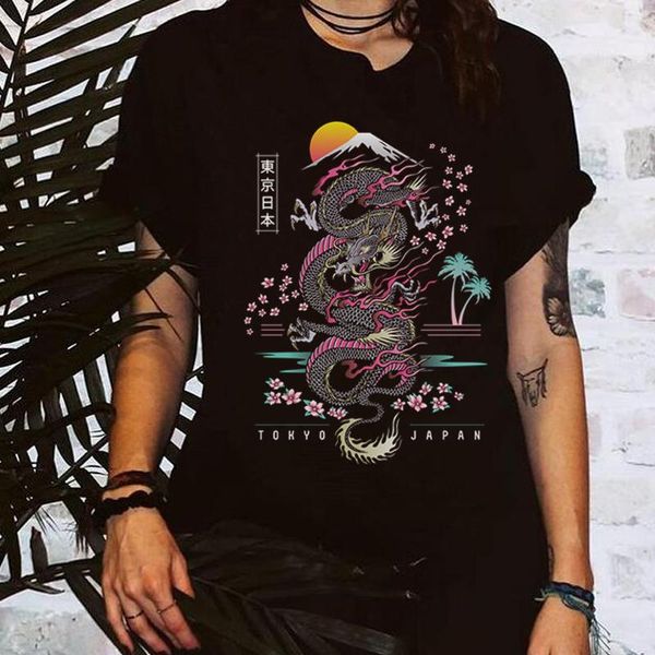

women's t-shirt chinese style dragon print vintage graphic tshirt oversized women summer streetwear tees aesthetic harajuku clothes, White