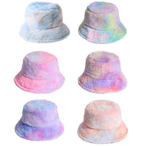 Frauen Winter Regenbogen Tie Dye Eimer Hut Flauschigen Plüsch Dicke Warme Fischer Kappe G220311