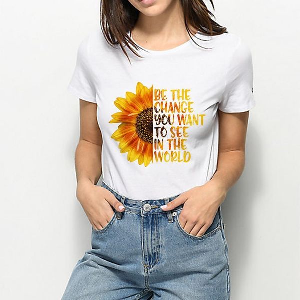 

be the change you want plus size graphic sunflower t shirt women t-shirt beautiful trendy round collar, White