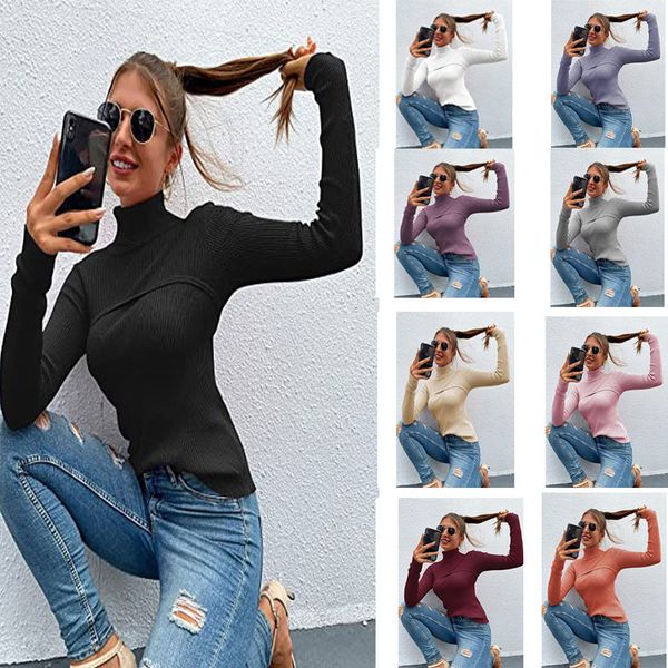 

women's t-shirt 2021 tees high collar autumn winter european and american style solid color slim long-sleeved threaded pullover, White