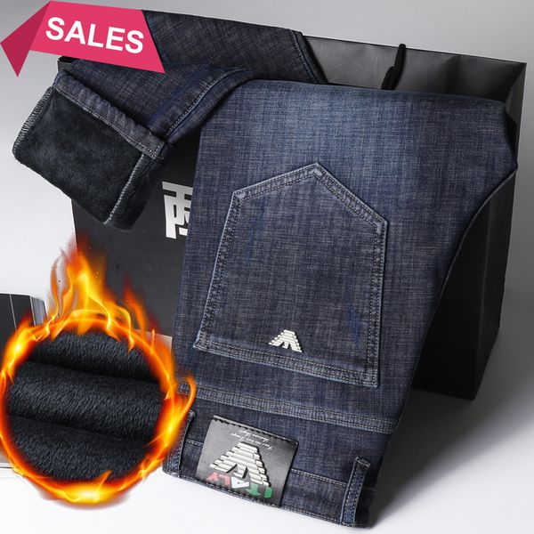 

cotton winter men's warm slim fit jeans italy eagle brand business trousers fashion thicken denim man fleece stretch pants, Blue